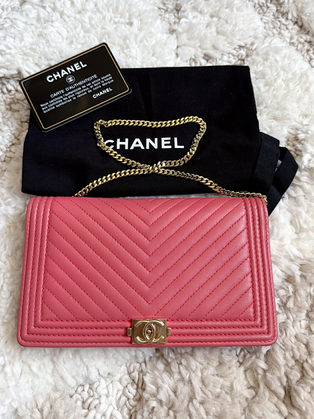 CHANEL Boy Womens Long Flap Chevron Leather Wallet Clutch Bag Pink Coral + Chain